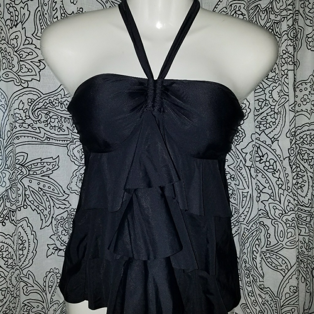 Retro Ruffled Black Halter Top S